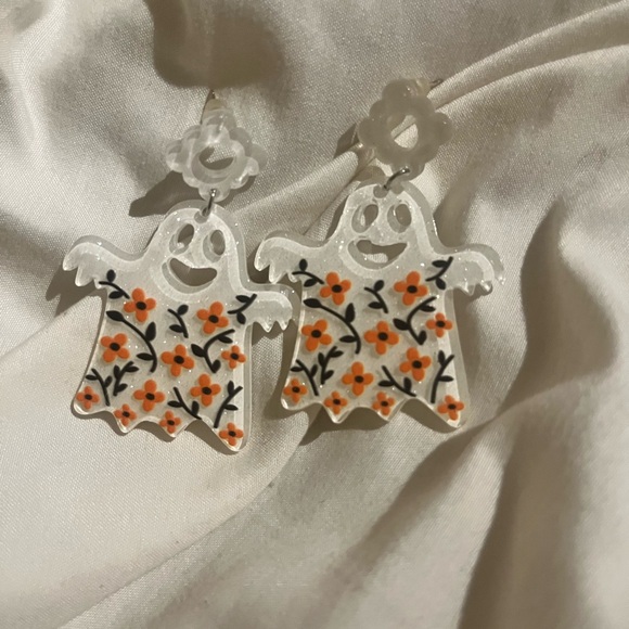 Jewelry - Ghost Earrings with Floral Design Glittery Dangle Halloween 👻